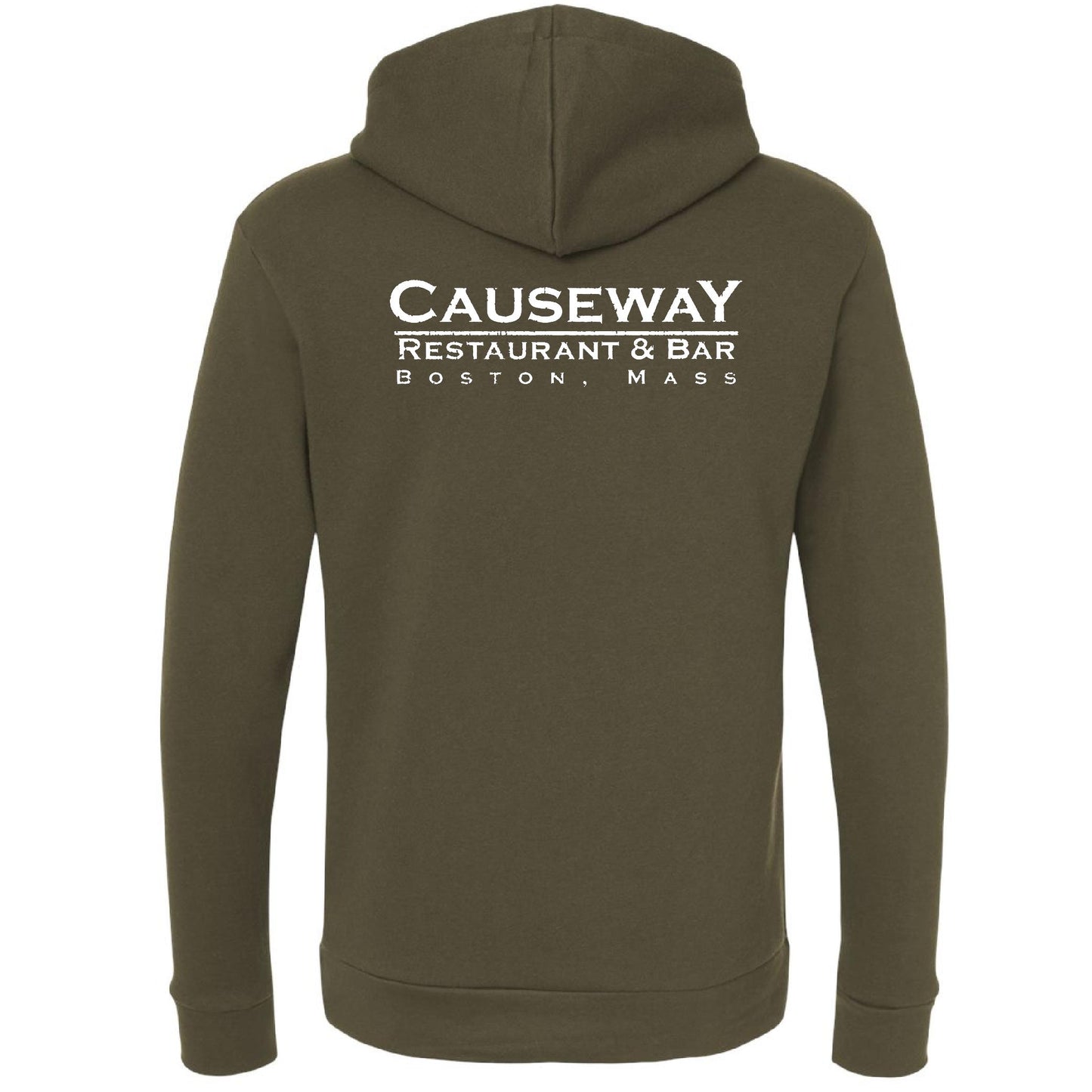 Olive green Causeway Restaurant & Bar hooded sweatshirt with white back graphic, ribbed cuffs, and cotton-blend fabric.