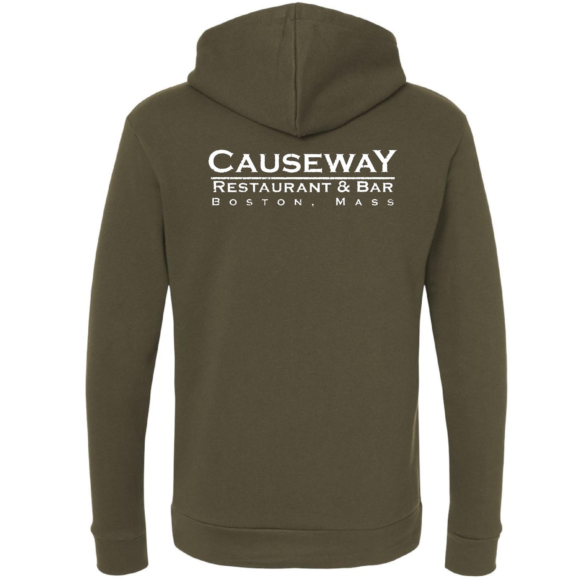 Olive green Causeway Restaurant & Bar hooded sweatshirt with white back graphic, ribbed cuffs, and cotton-blend fabric.