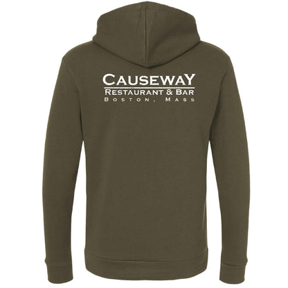 Olive green Causeway Restaurant & Bar hooded sweatshirt with white back graphic, ribbed cuffs, and cotton-blend fabric.