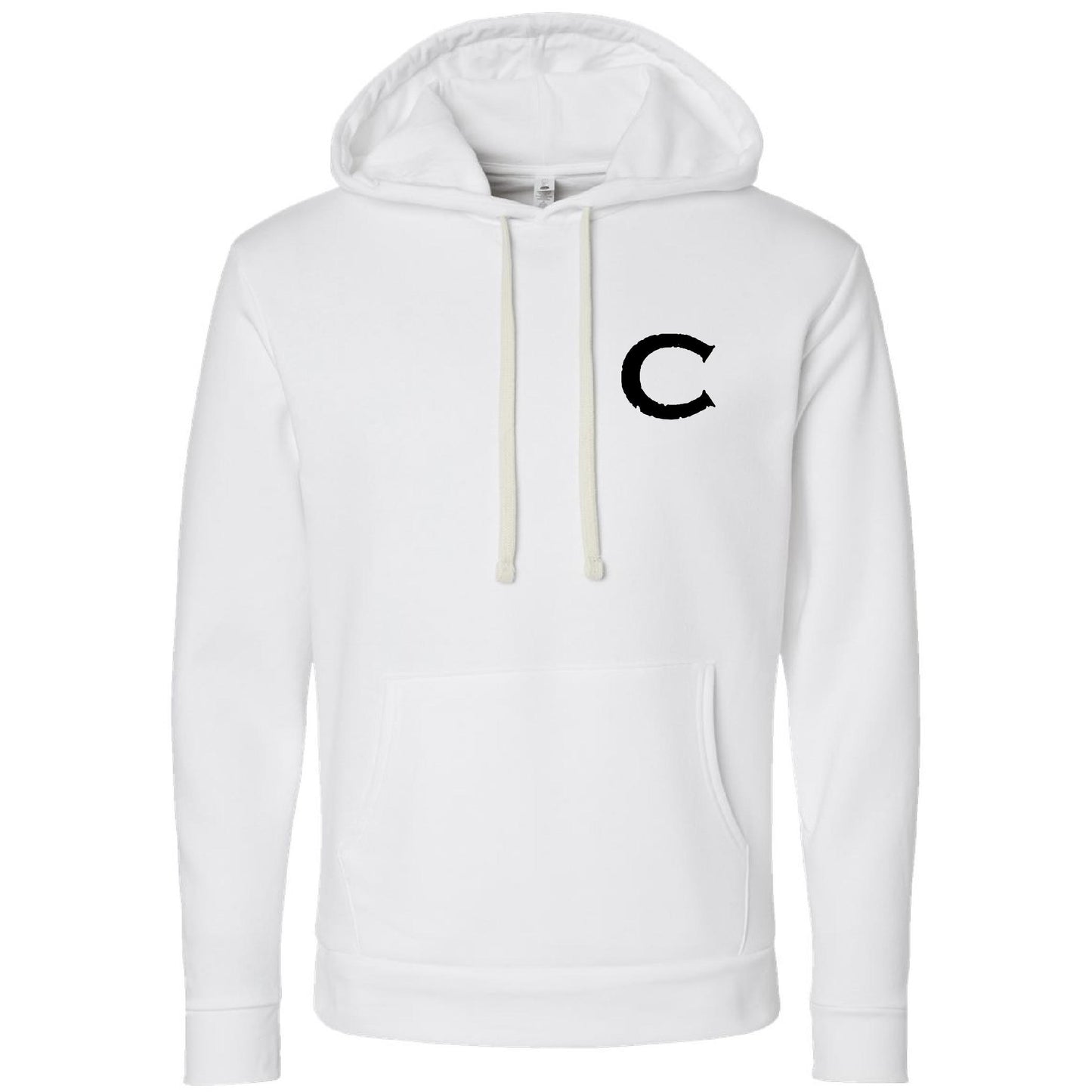 White Causeway men's hoodie with a black letter C logo, front pouch pocket, and natural-colored drawcords.