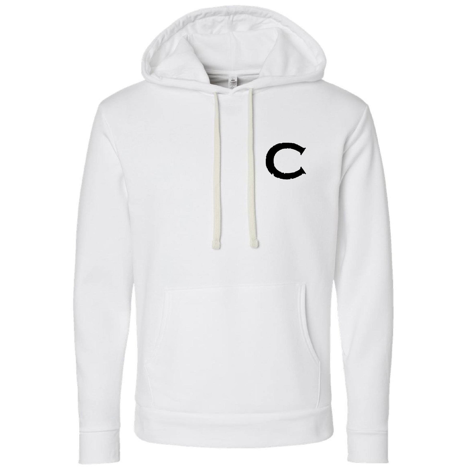 White Causeway men's hoodie with a black letter C logo, front pouch pocket, and natural-colored drawcords.