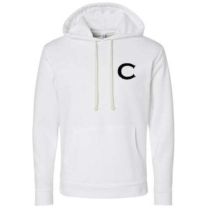 White Causeway men's hoodie with a black letter C logo, front pouch pocket, and natural-colored drawcords.