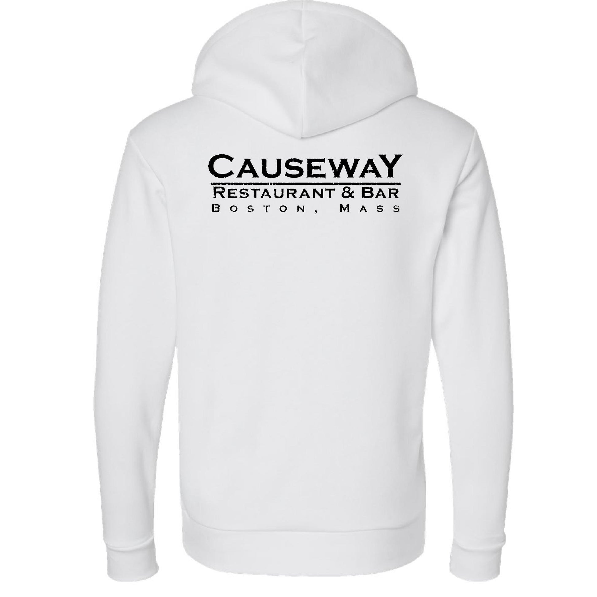 White Causeway Restaurant & Bar hooded sweatshirt with black back graphic, ribbed cuffs, and cotton-blend fabric.