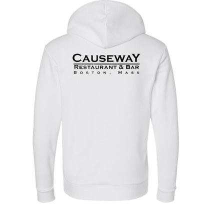 White Causeway Restaurant & Bar hooded sweatshirt with black back graphic, ribbed cuffs, and cotton-blend fabric.
