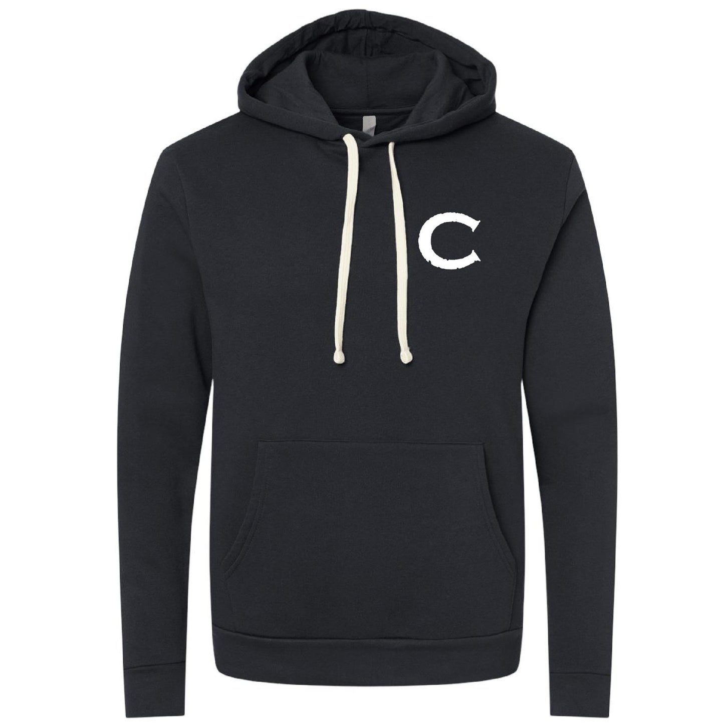 Black Causeway men's hoodie with a white C logo, jersey-lined hood, natural drawcords, and a front pouch pocket.
