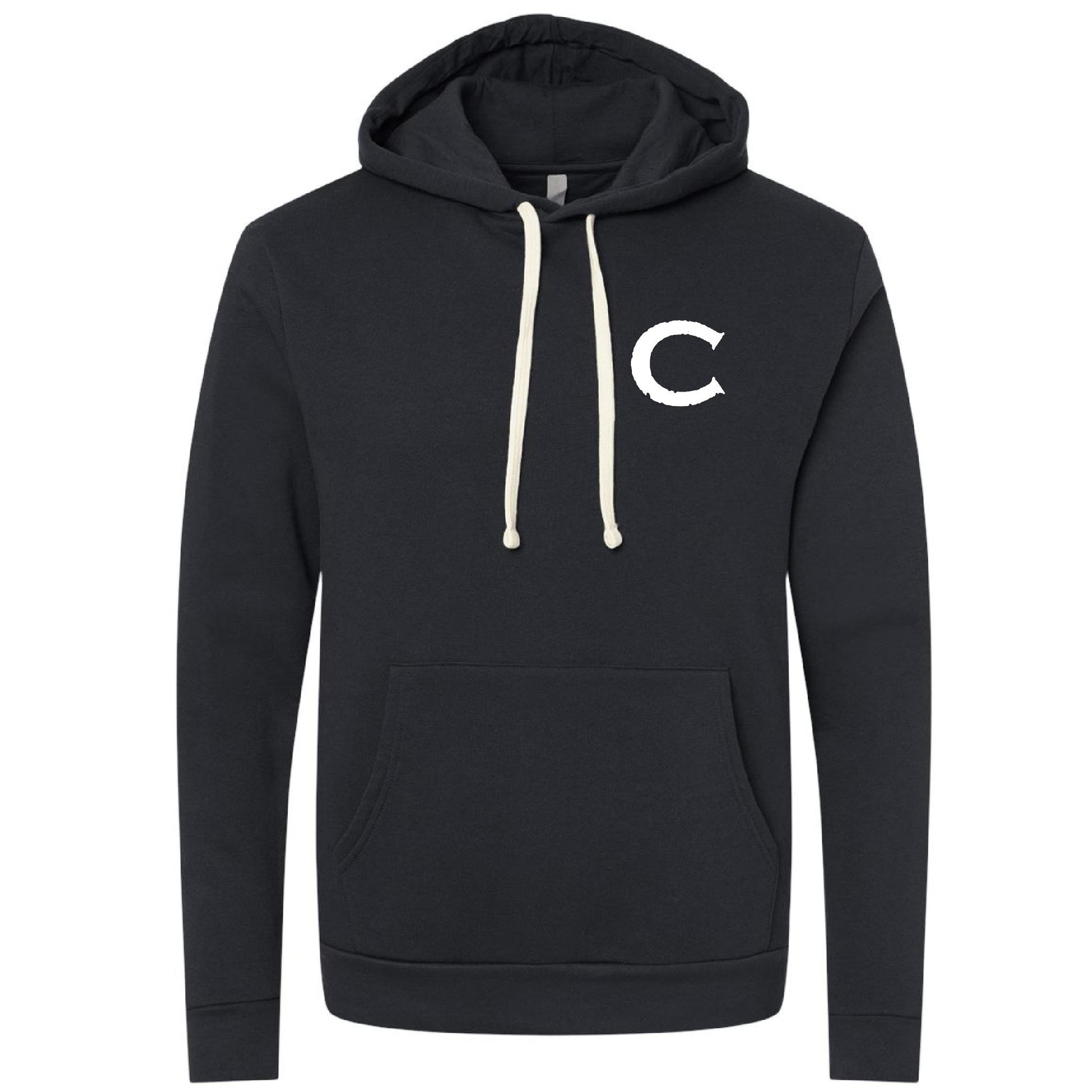 Black Causeway men's hoodie with a white C logo, jersey-lined hood, natural drawcords, and a front pouch pocket.