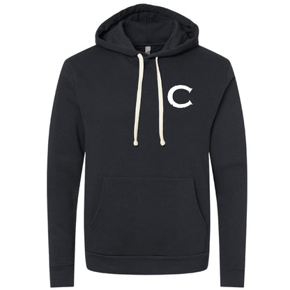 Black Causeway men's hoodie with a white C logo, jersey-lined hood, natural drawcords, and a front pouch pocket.