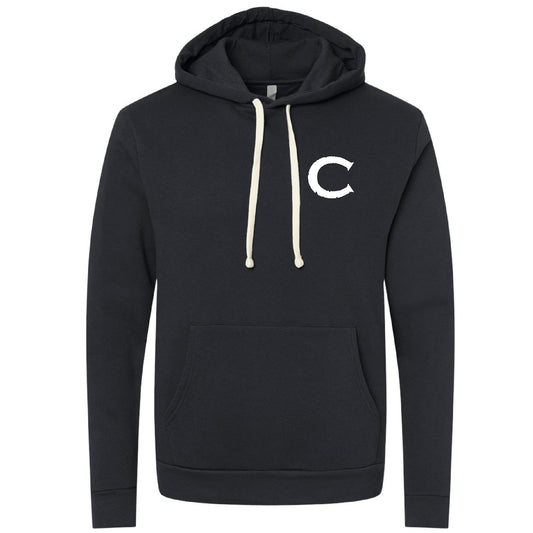 Black Causeway men's hoodie with a white C logo, jersey-lined hood, natural drawcords, and a front pouch pocket.