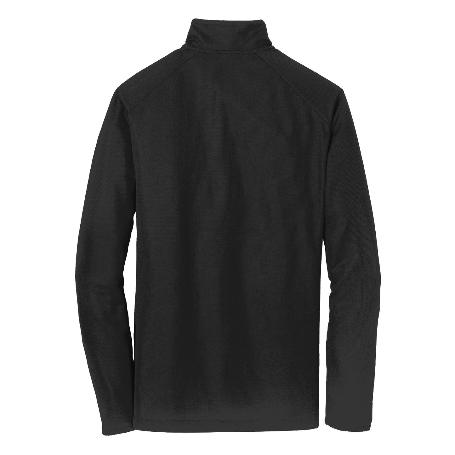Back view of a black Causeway pinpoint mesh 1/2 zip pullover with a cadet collar and textured polyester fabric.