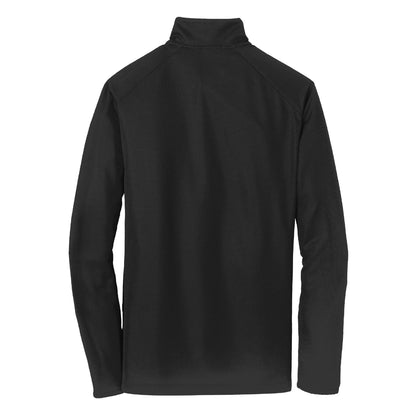 Back view of a black Causeway pinpoint mesh 1/2 zip pullover with a cadet collar and textured polyester fabric.