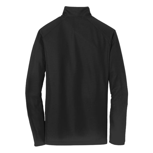 Back view of a black Causeway pinpoint mesh 1/2 zip pullover with a cadet collar and textured polyester fabric.