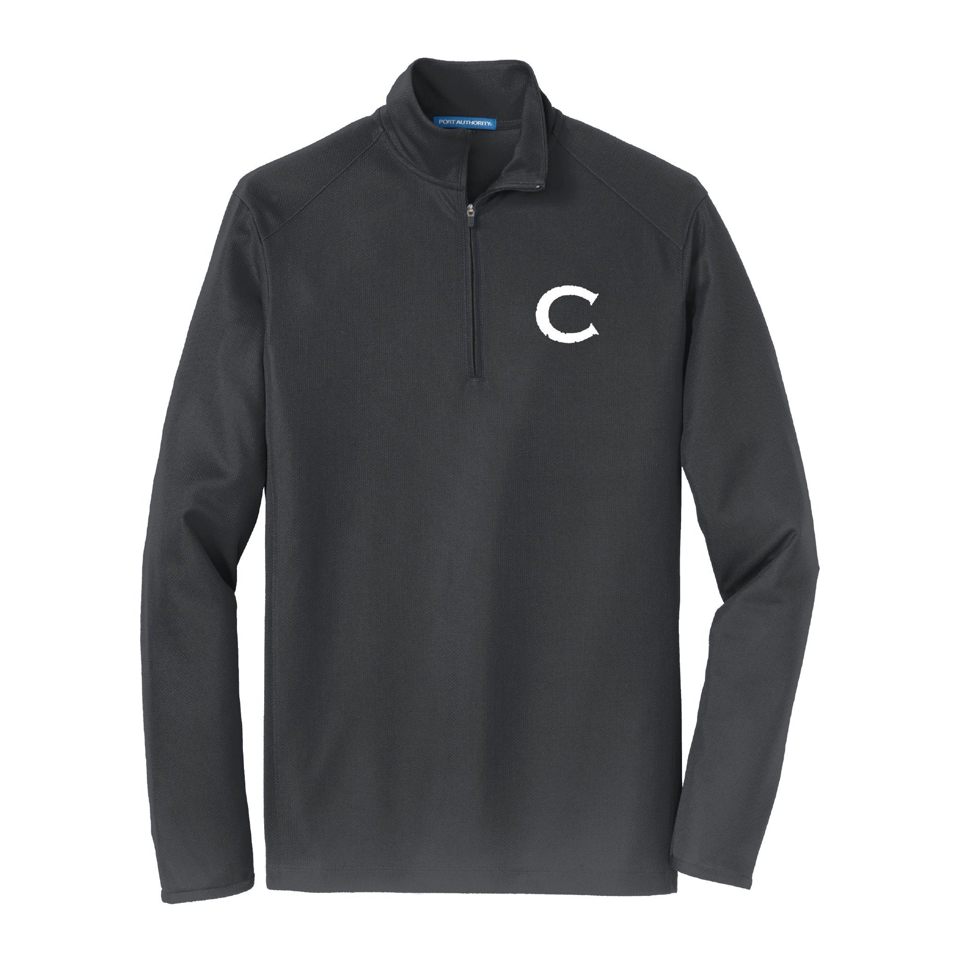 Charcoal grey pinpoint mesh 1/2 zip pullover with cadet collar, matching zipper, and white C logo on chest.