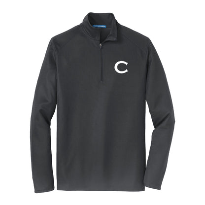 Charcoal grey pinpoint mesh 1/2 zip pullover with cadet collar, matching zipper, and white C logo on chest.