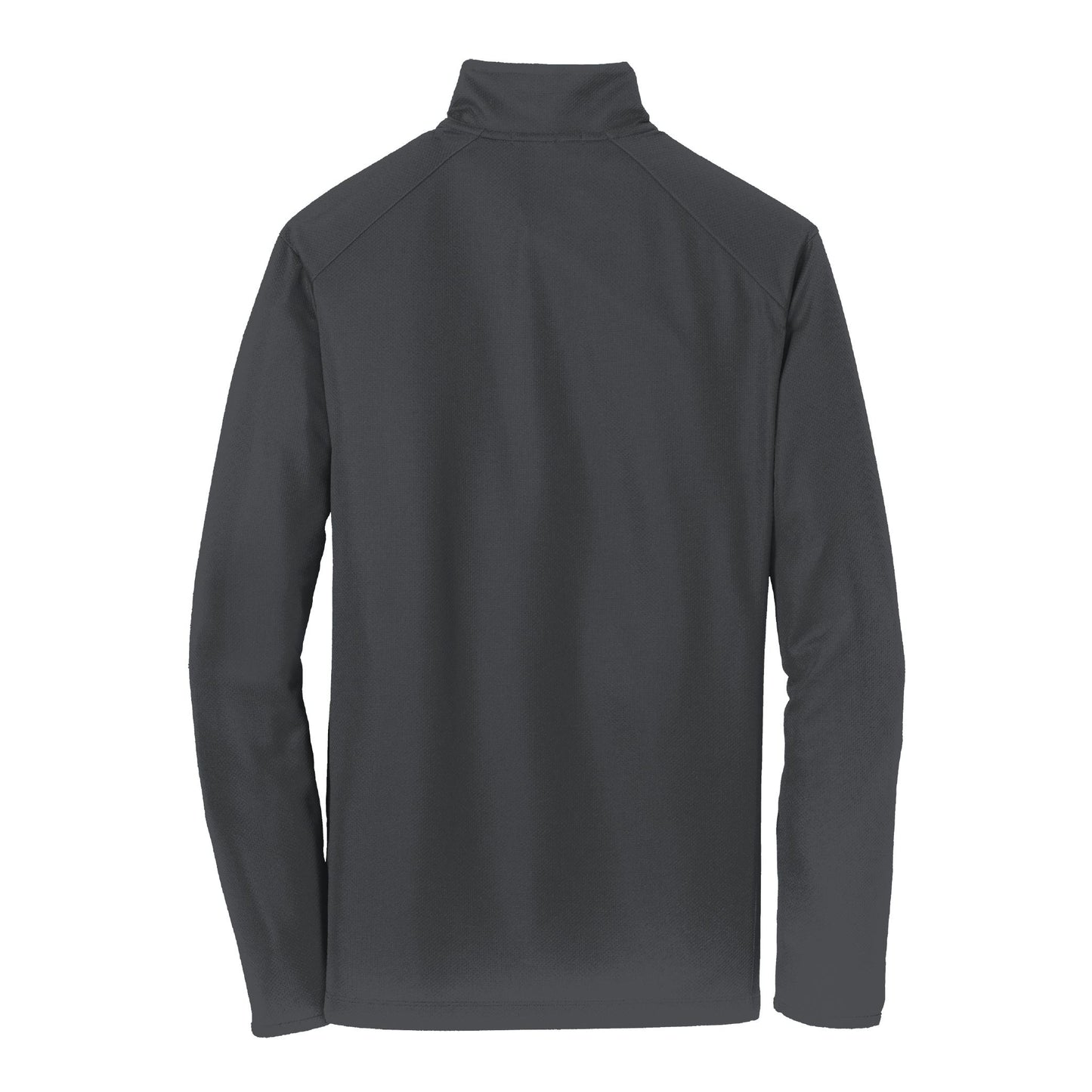Back view of a charcoal grey Causeway pinpoint mesh 1/2 zip pullover with a cadet collar and long sleeves.
