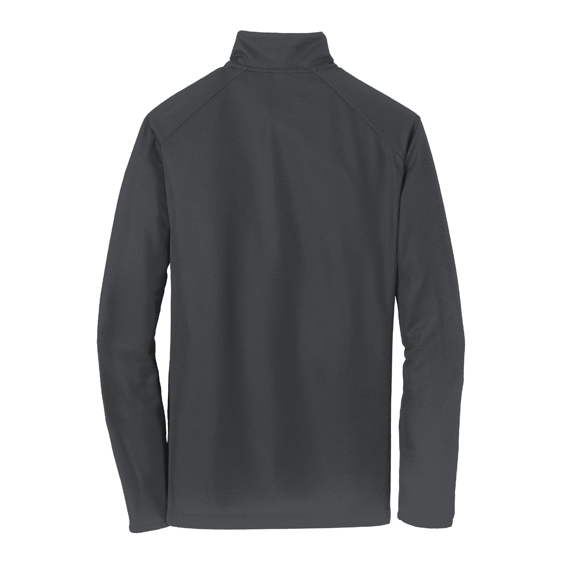 Back view of a charcoal grey Causeway pinpoint mesh 1/2 zip pullover with a cadet collar and long sleeves.