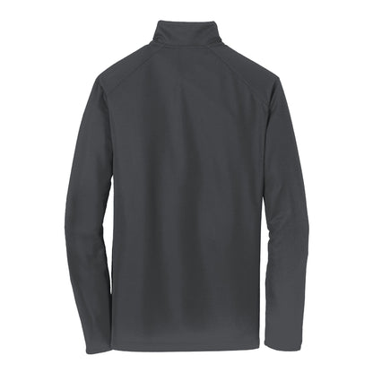 Back view of a charcoal grey Causeway pinpoint mesh 1/2 zip pullover with a cadet collar and long sleeves.
