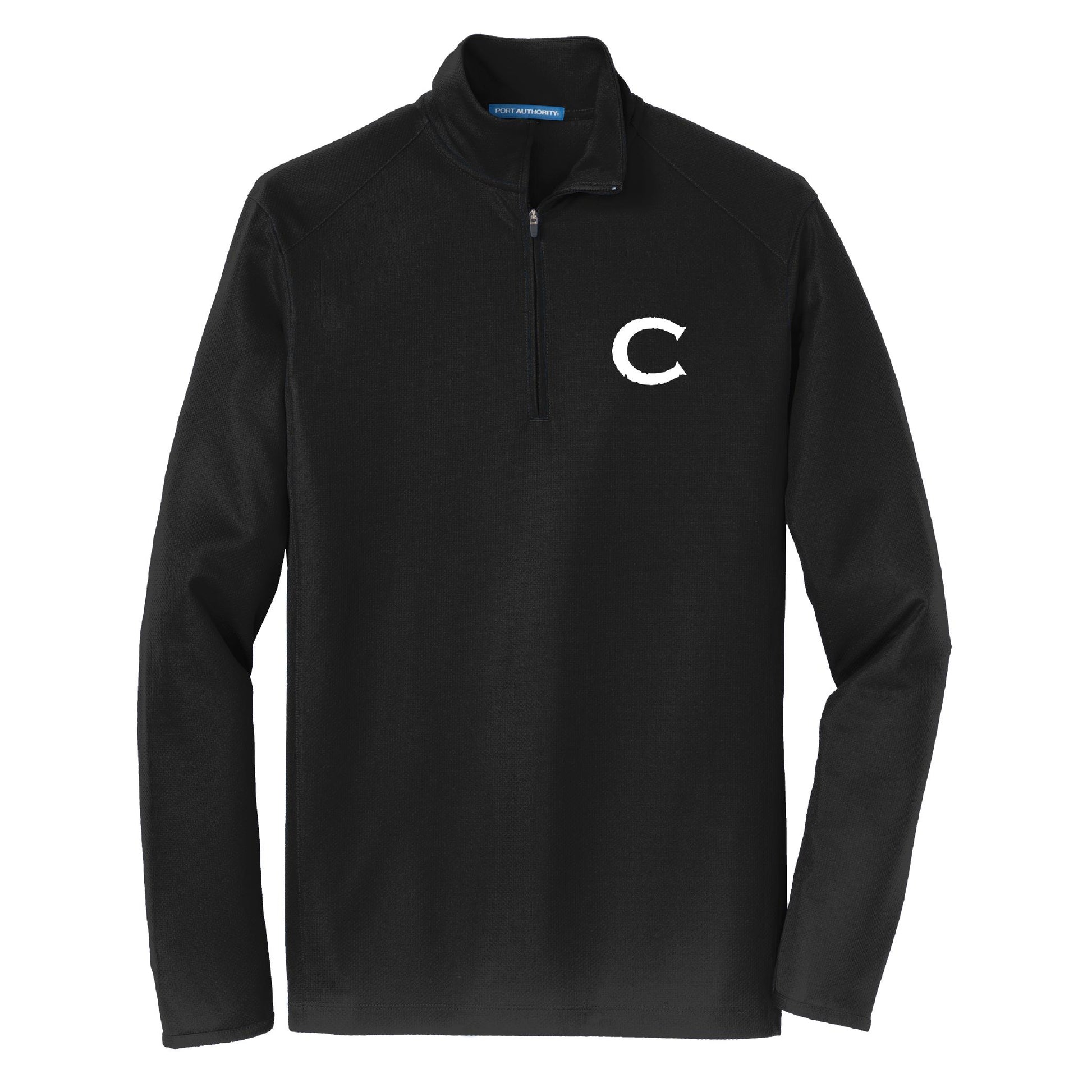 Black Causeway Pinpoint Mesh 1/2 zip pullover with a cadet collar, matching zipper, and white C logo on the chest.