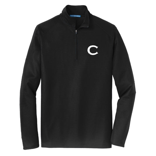 Black Causeway Pinpoint Mesh 1/2 zip pullover with a cadet collar, matching zipper, and white C logo on the chest.