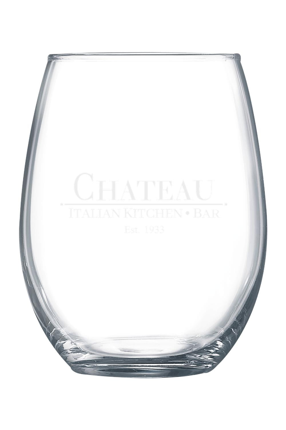 Clear 15 oz. stemless wine glass featuring the Chateau Italian Kitchen & Bar logo etched on the front.