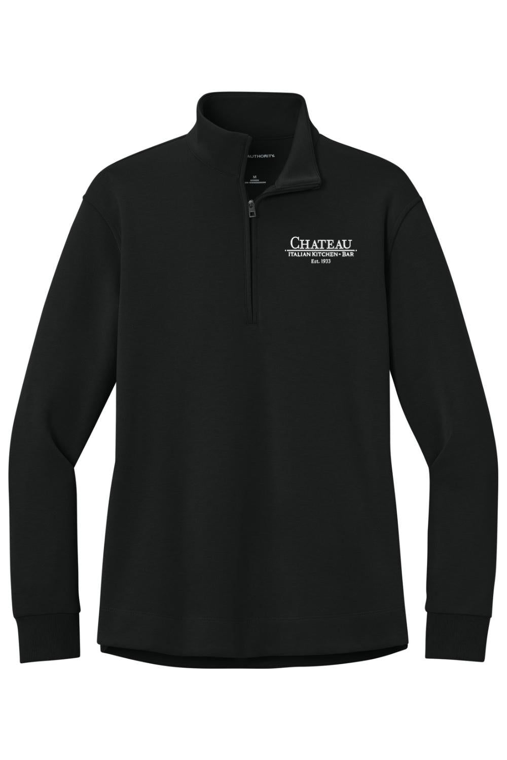 Black women's double pique 1/4-zip pullover featuring an embroidered white Chateau Italian Kitchen logo.