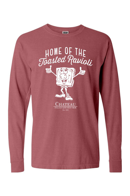 Brick red Comfort Colors long sleeve t-shirt featuring a white Home of the Toasted Ravioli graphic and logo.