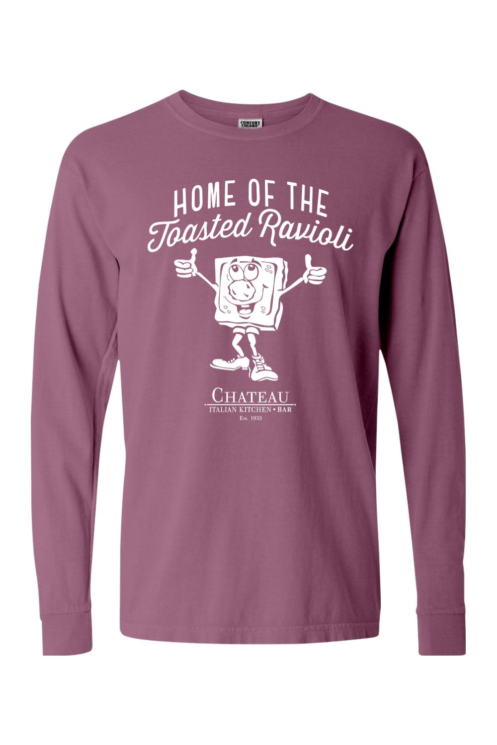 Plum-colored Comfort Colors long sleeve tee featuring a white graphic of a cartoon toasted ravioli character.