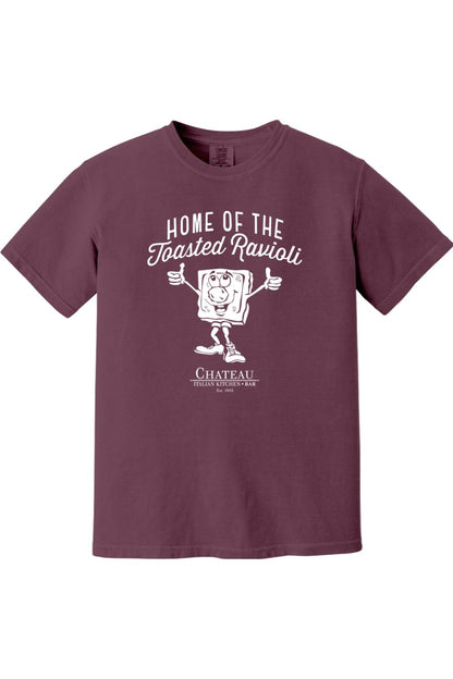 Burgundy Comfort Colors cotton t-shirt featuring a white Home of the Toasted Ravioli graphic and Chateau logo.