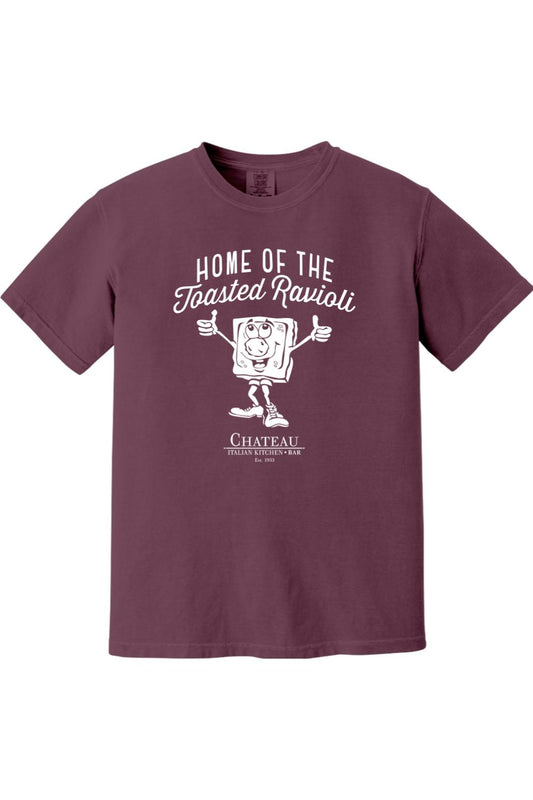 Burgundy Comfort Colors cotton t-shirt featuring a white Home of the Toasted Ravioli graphic and Chateau logo.