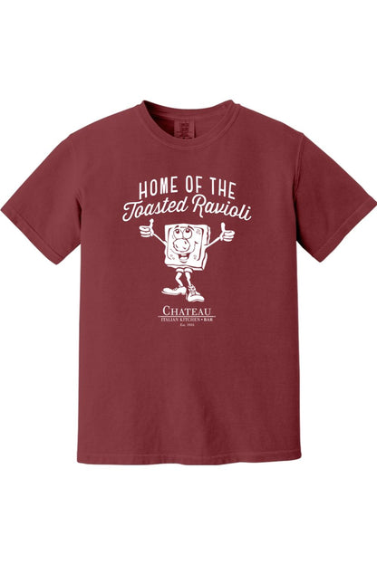 Burgundy Comfort Colors cotton t-shirt featuring a white Home of the Toasted Ravioli graphic and Chateau logo.