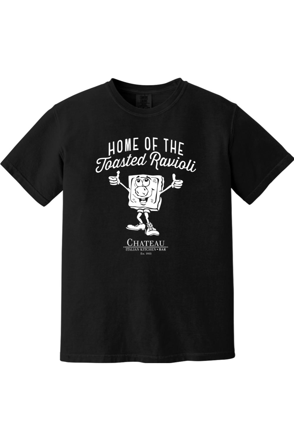 Black Comfort Colors cotton t-shirt featuring a white Home of the Toasted Ravioli graphic and Chateau logo.