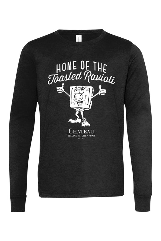 Youth black long-sleeve cotton t-shirt featuring a white Home of the Toasted Ravioli graphic and Chateau logo.