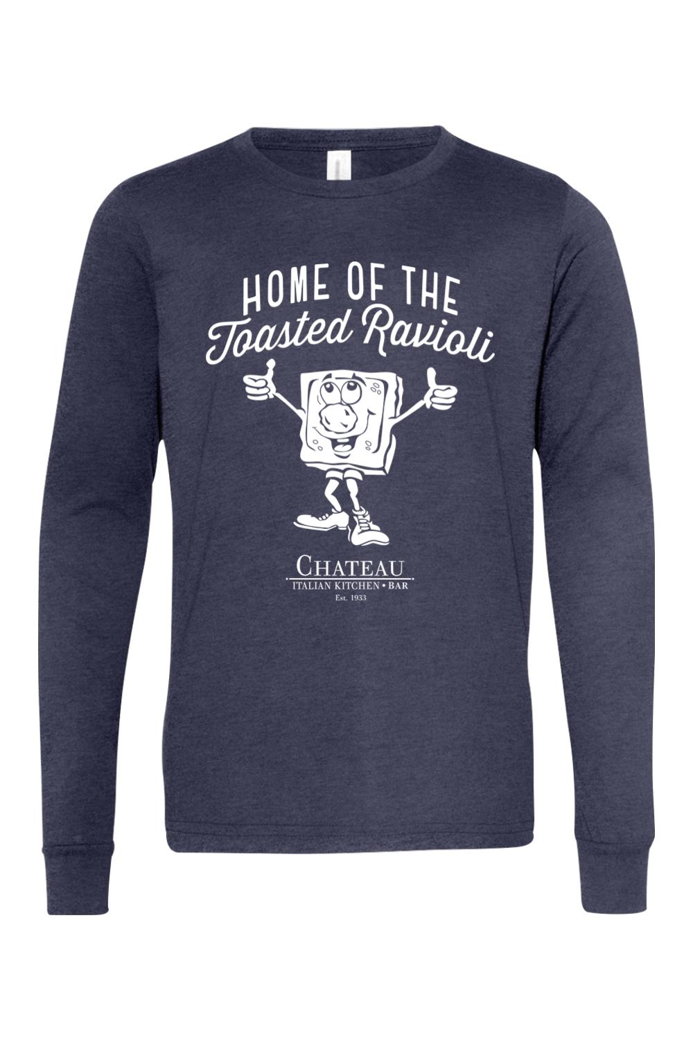 Youth navy blue long-sleeve cotton t-shirt featuring a white Home of the Toasted Ravioli graphic and Chateau logo.