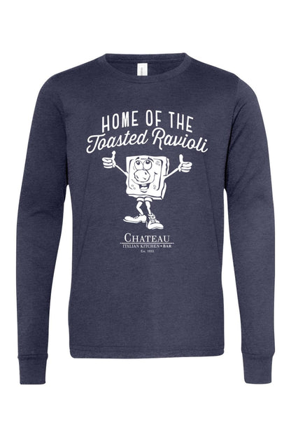Youth navy blue long-sleeve cotton t-shirt featuring a white Home of the Toasted Ravioli graphic and Chateau logo.