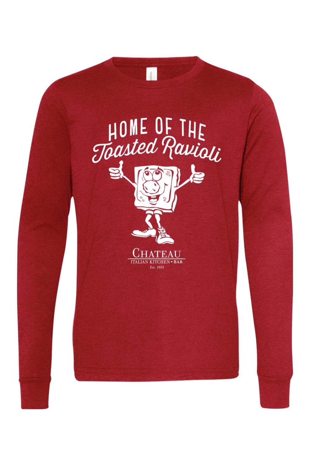 Youth red long sleeve cotton t-shirt featuring a white Home of the Toasted Ravioli graphic and Chateau logo.