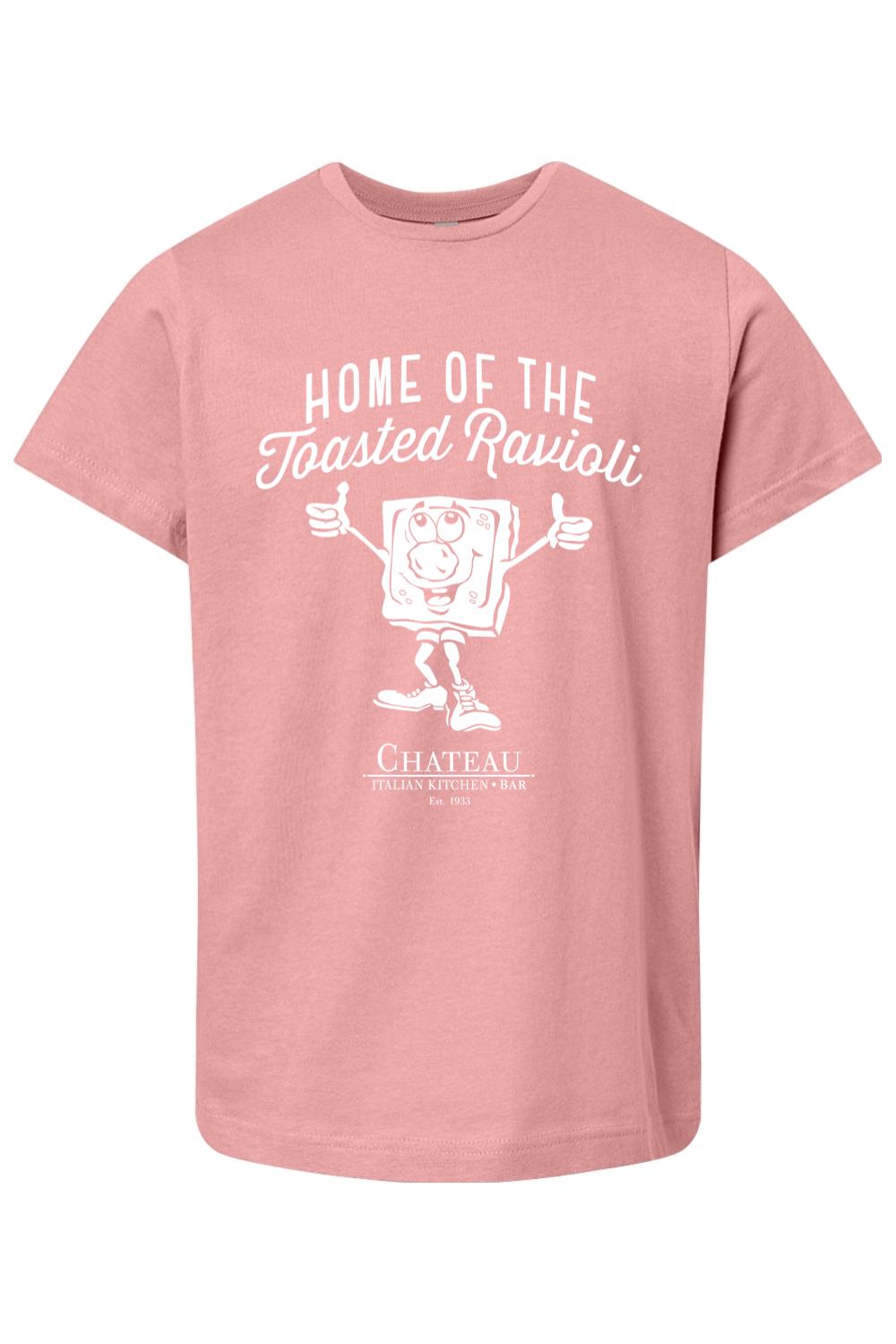 Dusty pink youth cotton t-shirt with a white Home of the Toasted Ravioli graphic and Chateau branding.