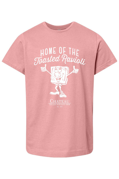 Dusty pink youth cotton t-shirt with a white Home of the Toasted Ravioli graphic and Chateau branding.