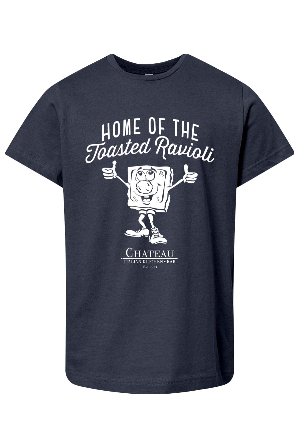 Navy blue youth cotton t-shirt featuring a white cartoon ravioli graphic and Chateau Italian Kitchen branding.