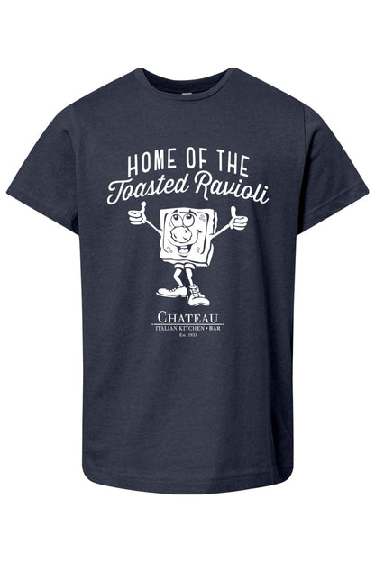 Navy blue youth cotton t-shirt featuring a white cartoon ravioli graphic and Chateau Italian Kitchen branding.