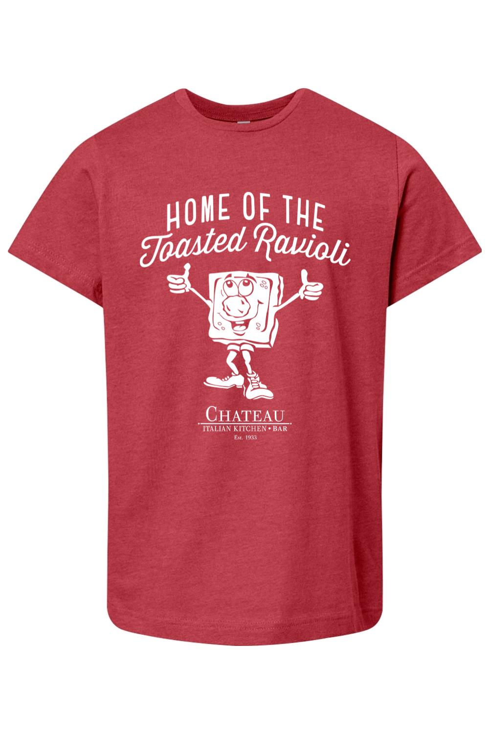 Red youth cotton t-shirt featuring a white Home of the Toasted Ravioli graphic with a cartoon character.
