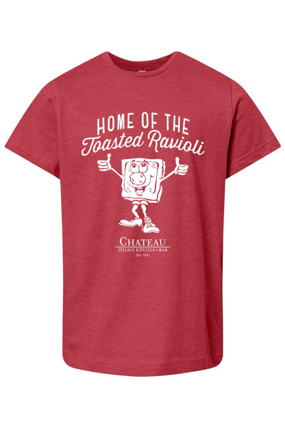 Red youth cotton t-shirt featuring a white Home of the Toasted Ravioli graphic with a cartoon character.