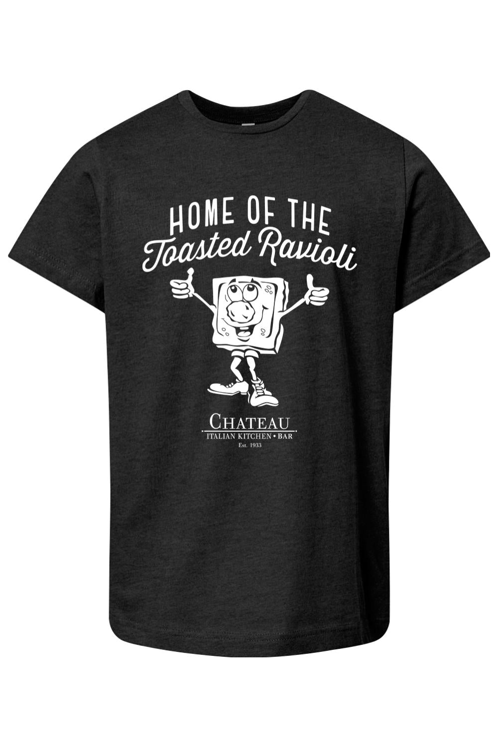 Youth black cotton t-shirt featuring a white Home of the Toasted Ravioli graphic with a cartoon character.