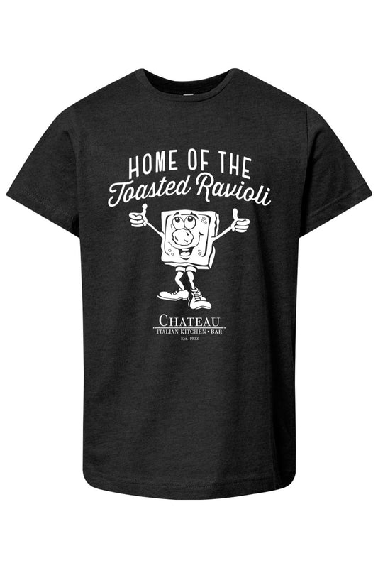 Youth black cotton t-shirt featuring a white Home of the Toasted Ravioli graphic with a cartoon character.