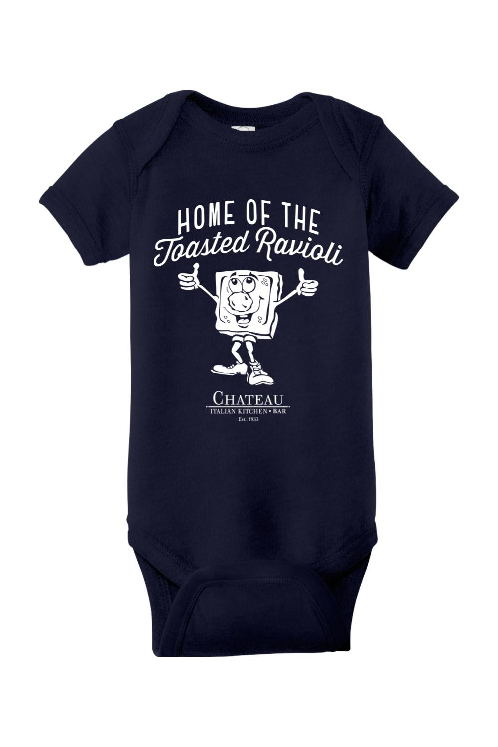Navy blue cotton infant onesie featuring a white graphic of a toasted ravioli character and Chateau restaurant text.