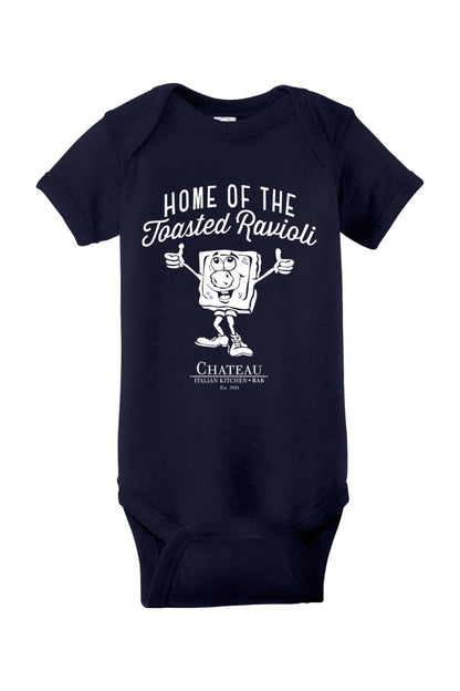 Navy blue cotton infant onesie featuring a white graphic of a toasted ravioli character and Chateau restaurant text.