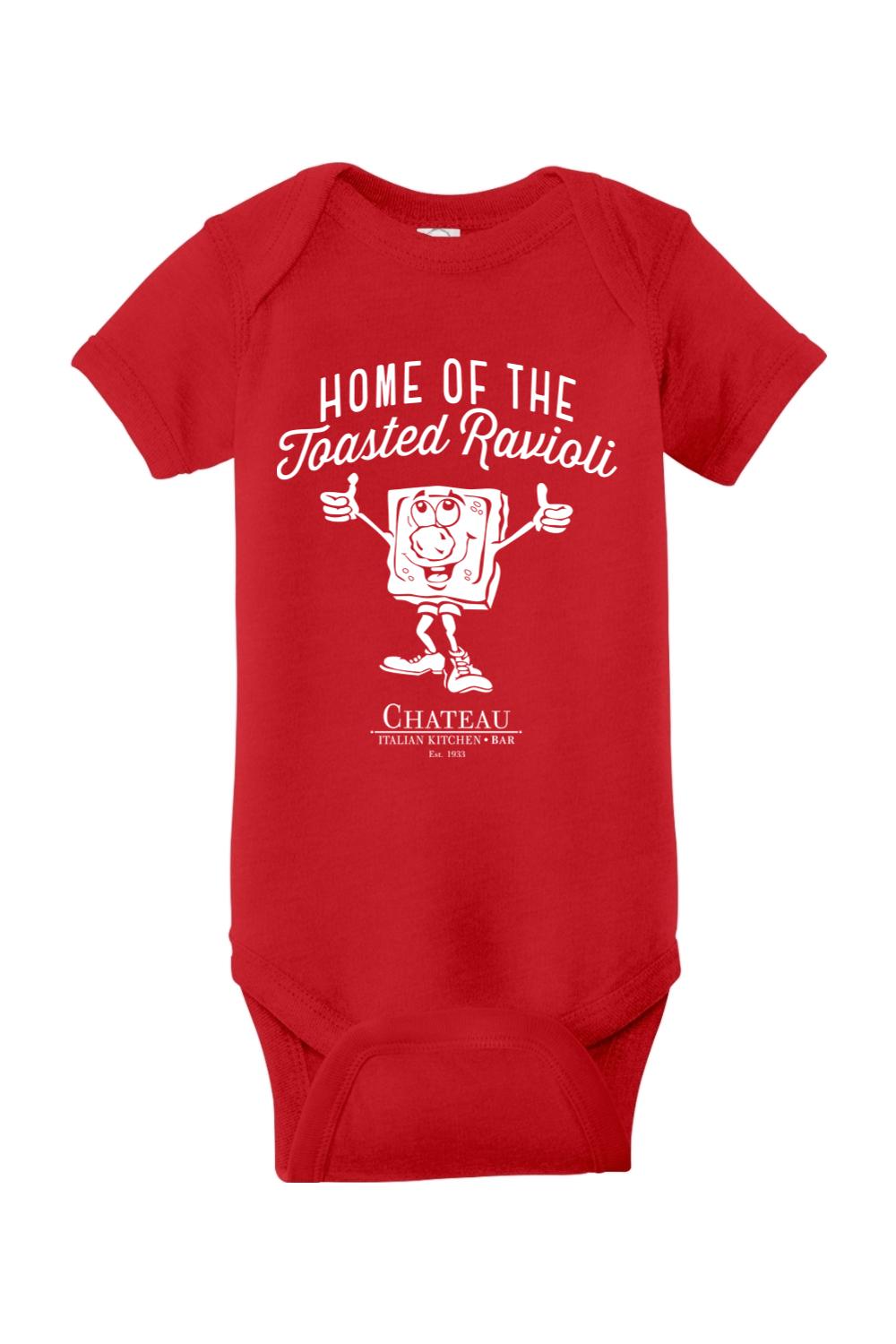 Red infant onesie with white Chateau Home of the Toasted Ravioli graphic and cartoon mascot on soft cotton blend.