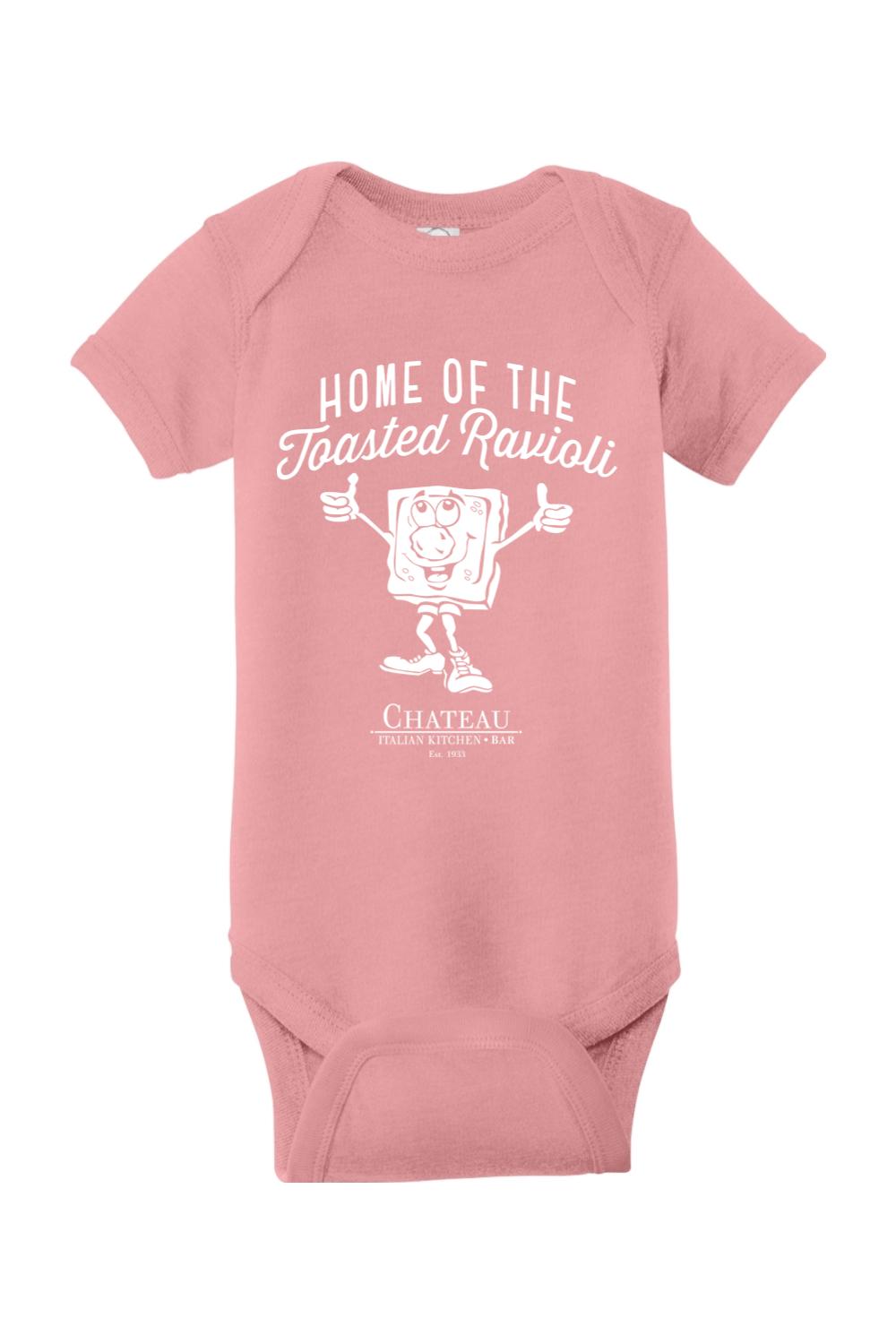 Soft pink infant onesie featuring a white graphic of a cartoon toasted ravioli and Chateau Italian Kitchen branding.