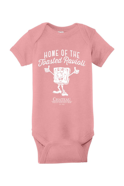 Soft pink infant onesie featuring a white graphic of a cartoon toasted ravioli and Chateau Italian Kitchen branding.