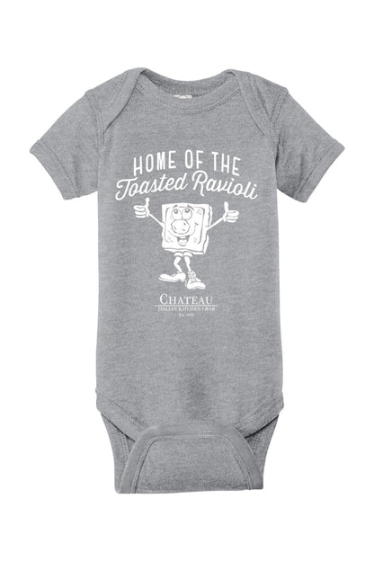 Heather gray cotton infant onesie with white Home of the Toasted Ravioli graphic and lap shoulders.