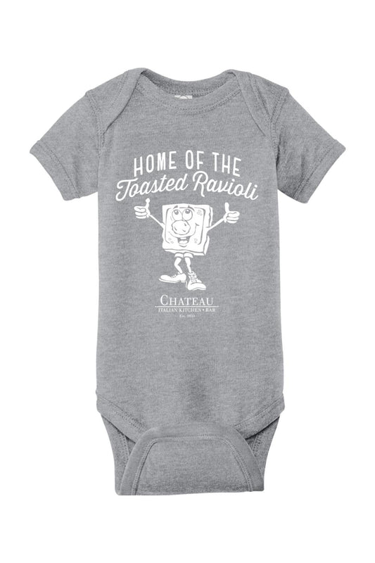 Heather gray cotton infant onesie with white Home of the Toasted Ravioli graphic and lap shoulders.