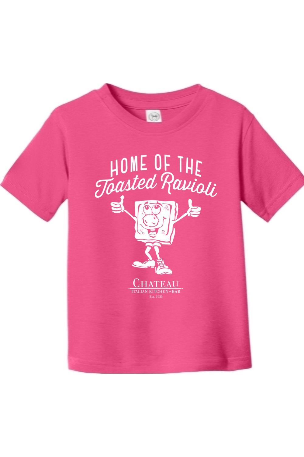 Hot pink toddler cotton t-shirt featuring a white Chateau Home of the Toasted Ravioli graphic print.